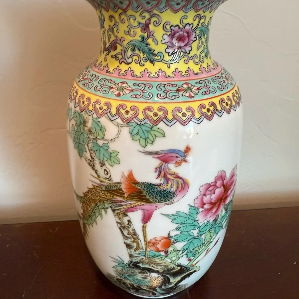 Antique Chinese Ceramic Vase w/ Bird & Floral Design signed w/ poem enscribed